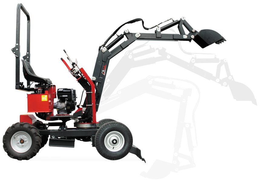 Mini excavator with articulated arm and digging bucket